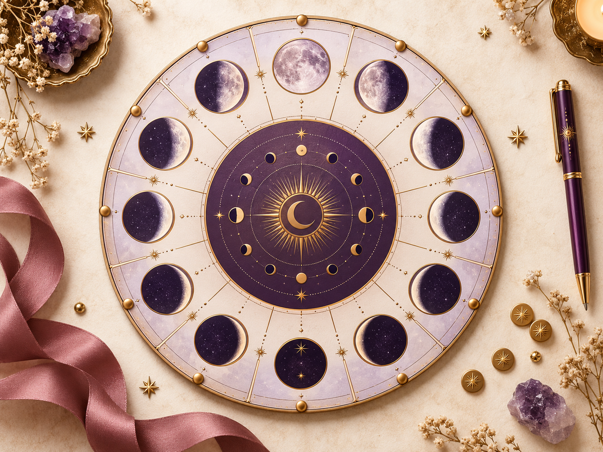 Roda do calendário lunar com as fases da lua em dourado e roxo