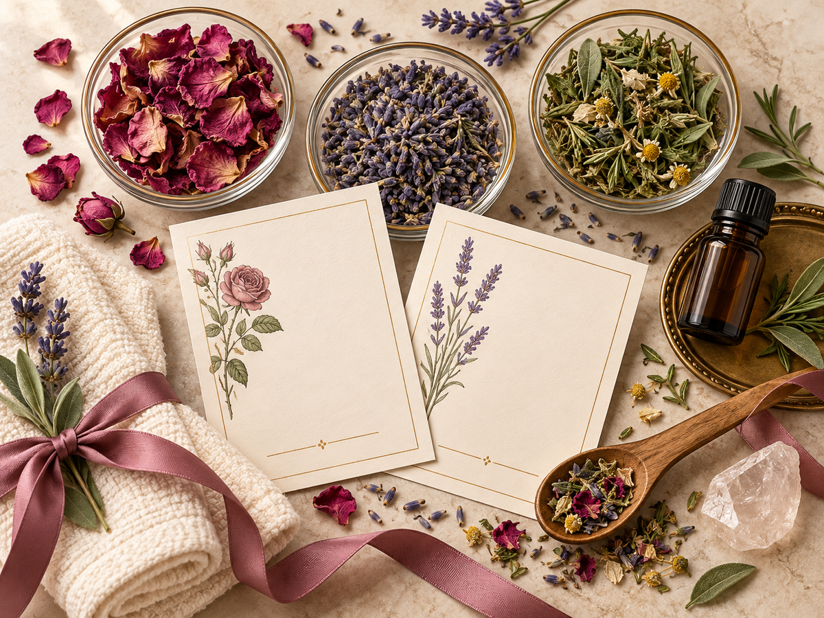 Tigelas com pétalas de rosa, lavanda e ervas secas ao lado de fichas de receita de banho