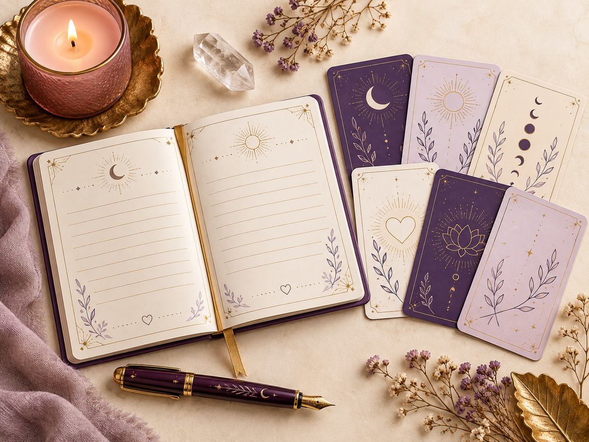 Caderno aberto com páginas douradas para orações e cartões de afirmações, ao lado de vela rosa, cristal e caneta