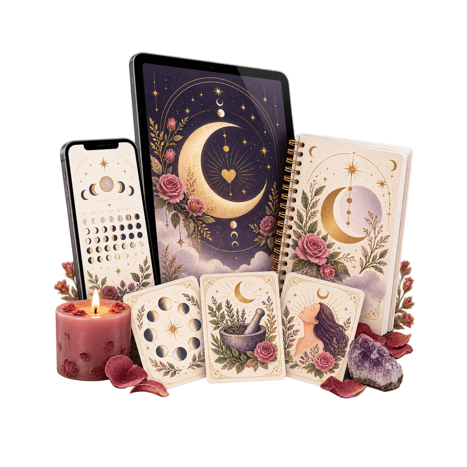 Guia Lua do Amor em tablet, celular, caderno e cartas de ritual, ao lado de vela, pétalas de rosa e ametista
