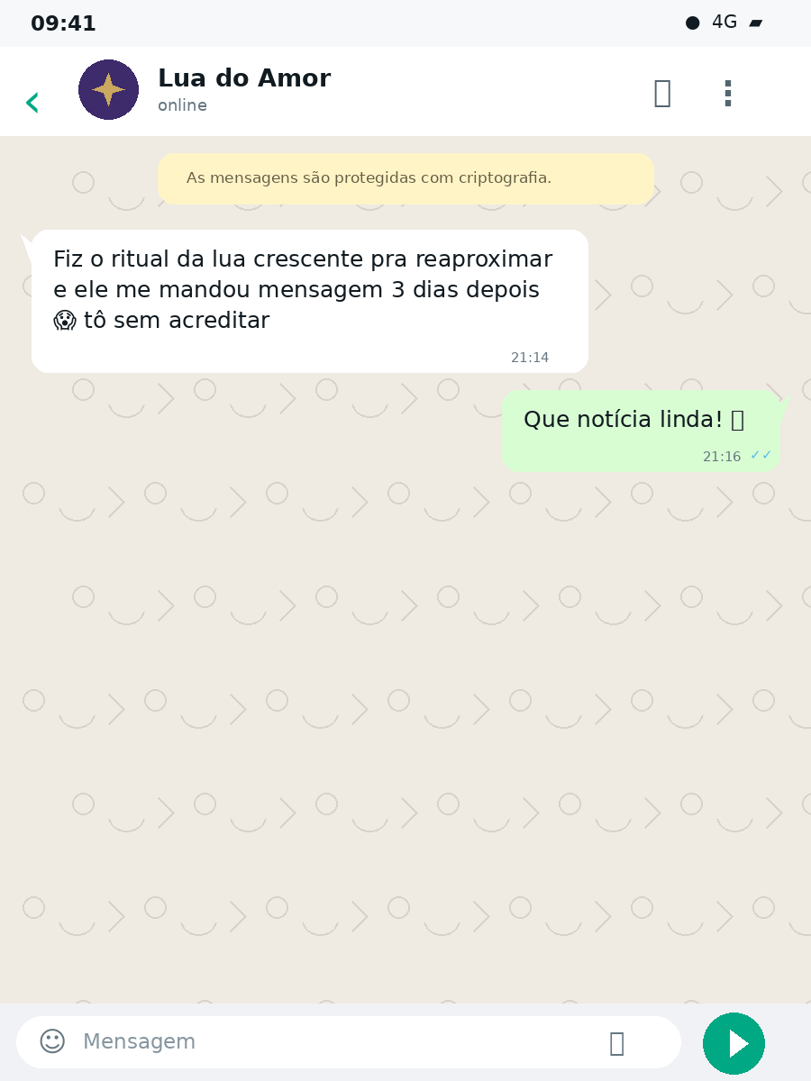 Conversa de WhatsApp: fiz o ritual da lua crescente pra reaproximar e ele me mandou mensagem 3 dias depois