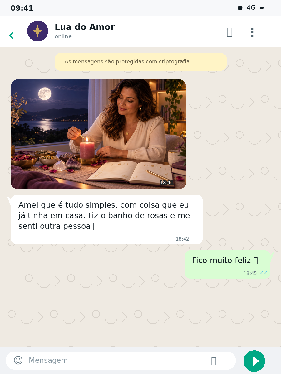 Conversa de WhatsApp com foto da vela acesa: amei que é tudo simples, fiz o banho de rosas e me senti outra pessoa